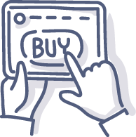Simple illustrated tablet being held by two hands and a finger tapping the word buy on the screen